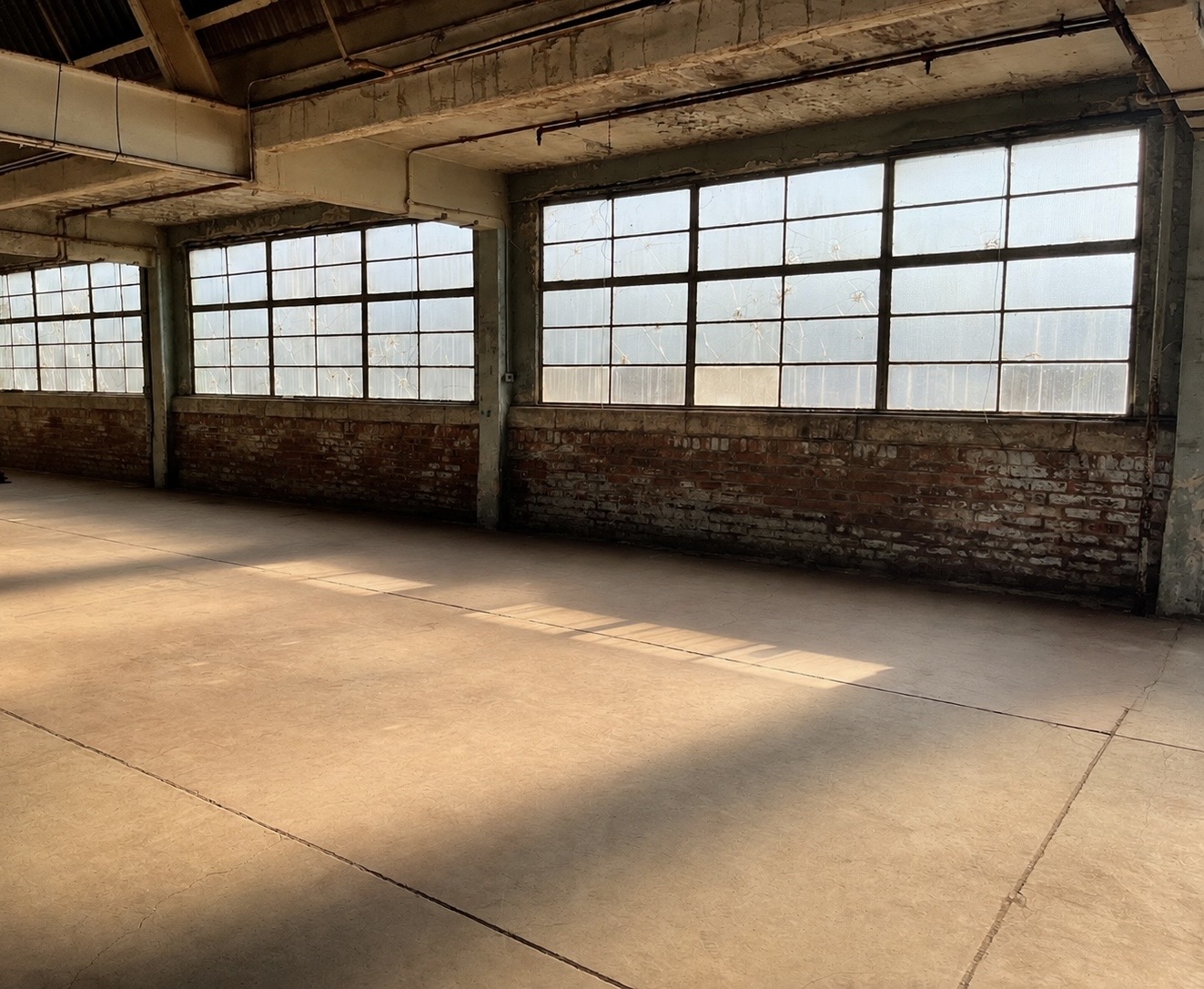 Warm daylight falling through original factory windows onto the open studio floor